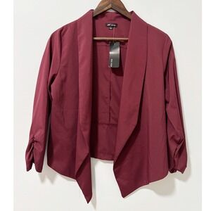 Michel Blazer Womens Large Burgundy Ruched Sleeve Open Front Draped Jacket